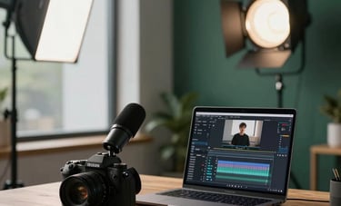 A professional content creator's workspace in a North American loft. A high-end camera, microphone, and a laptop showing video editing software on a wooden desk. Professional studio lighting, sophisticated vibe with deep greens and light grey accents.