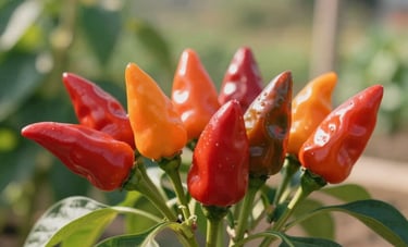 High-quality close-up of vibrant red and orange chili peppers growing in a sunny North American backyard garden. Soft natural sunlight creates warm highlights. The aesthetic is clean and modern, focusing on organic growth with tan and medium green tones.