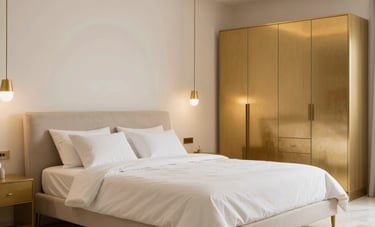 Elegant master bedroom set in a Saudi Arabian villa, featuring a large bed and wardrobe, warm professional lighting, minimalist and modern aesthetic, tones of gold and off-white.