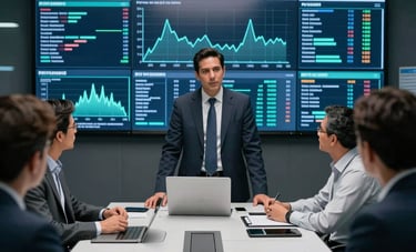 A high-tech control room with digital screens showing data trends, where a Hispanic professional leads a strategy meeting. The lighting is crisp and modern with dark navy and teal tones.