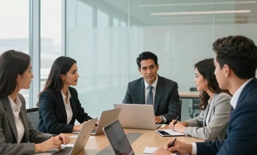 A dynamic team of Hispanic professionals collaborating in a sleek glass-walled boardroom. Natural light fills the space, highlighting pale blue architectural details and professional attire.
