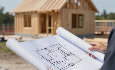 A close-up of a professional site supervisor's hands holding a architectural blueprint roll on a construction site. In the blurred background, a modern house frame is visible under a clear Baltic sky. Premium, reliable atmosphere.