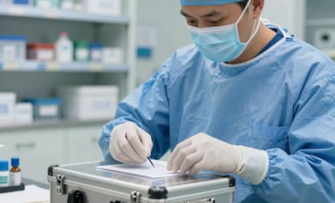 A close-up, sharp-focus shot of a technician in sterile blue medical scrubs and gloves, meticulously labeling a sealed stainless steel medical supply kit in a brightly lit, sterile North American warehouse with clean white shelves and steel tables.