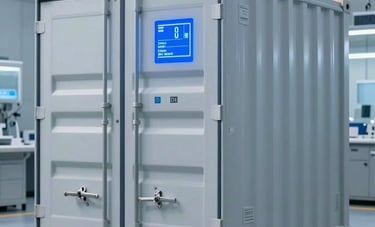 A crisp, clinical photograph of a specialized refrigerated medical shipping container with a glowing blue digital display showing temperature data. The container is set in a high-tech North American logistics hub with professional soft blue and slate grey lighting.