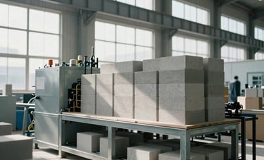 Interior of a modern, high-tech industrial plant in Western Mexico manufacturing AAC blocks. Clean, organized environment with steel machinery and natural light streaming through large windows. Professional atmosphere emphasizing innovation and order.