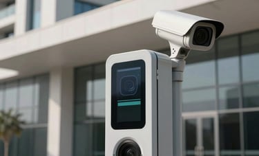 A sleek, modern electronic parking system and high-definition CCTV security camera setup integrated into the clean architecture of a luxury building in Dubai, daytime, professional corporate lighting.