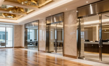 Interior view of a luxury commercial space in Abu Dhabi featuring polished wooden flooring, intricate false ceiling designs with metallic gold accents, and premium aluminium glass doors, Middle Eastern / Gulf corporate style.