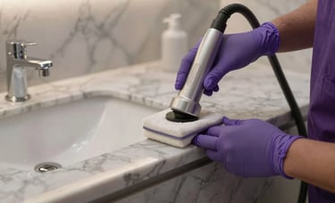 Detailed view of professional deep cleaning services in a luxury Middle Eastern home. Professional equipment used on high-end marble surfaces, focus on cleanliness and precision. Elegant composition with soft light gray and purple tones.