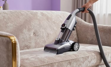 Close-up of a high-tech steam cleaner being used on a luxury velvet sofa in a bright, modern Middle Eastern living room. Subtle golden accents on the furniture, soft purple lighting in the background, elegant and clean aesthetic.