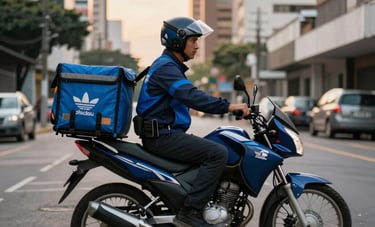 A delivery courier on a modern motorcycle stopping in a vibrant urban street in Brazil. The courier is wearing professional gear in navy blue and steel blue. Soft afternoon lighting, urban South America / Brasileiro architecture in the background.