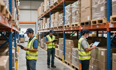 A wide shot of a modern, organized logistics warehouse in Brazil. Workers are using tablets to manage inventory. High-tech feel with clean steel blue shelving. Professional and efficient South America / Brasileiro workplace atmosphere.