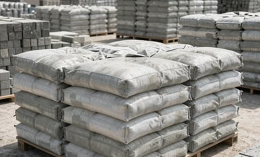 Wide shot of stacked bags of cement and construction bricks at a professional supply yard in Anatolia, Turkey, clean organization, bright daytime lighting, reliable industrial look.