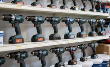 A display of professional power drills and high-quality paint buckets organized in a clean Turkish hardware store setting, bright daylight, professional atmosphere, dark blue and white branding colors.