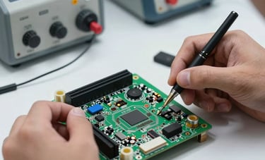 A close-up of a high-tech AC circuit board being repaired by a skilled technician. The background shows a clean, organized workstation with professional testing equipment. Soft, even studio lighting.