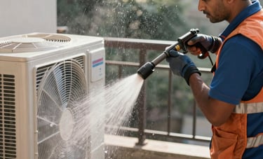 A South Asian HVAC professional using a high-pressure water jet to clean the outdoor condenser unit of an AC on a sunlit balcony in Noida. Water droplets visible in the air, professional cleaning gear used.