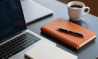 A close-up photograph of a professional workstation in a sleek North American co-working space. A laptop, a notebook, and a cup of coffee are arranged neatly on a dark surface. Modern lighting. Colors include navy blue and burnt orange.