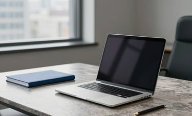 Photography of a high-end, uncluttered executive workspace in a North American office, featuring a silver laptop on a heavy stone desk with Slate Blue stationery and mist-like natural lighting.