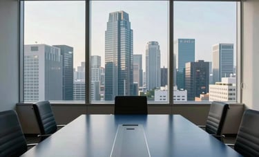 A clean, minimalist high-floor meeting room in a Southeast Asian financial district. Through the window, a skyline of modern skyscrapers is visible. Inside, a dark navy blue conference table reflects the soft morning light, creating an atmosphere of professional efficiency.