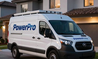 A PowerPro Electric service van parked outside a modern Orlando residence at twilight. The scene is professional and reliable, indicating 24/7 readiness for electrical emergencies.