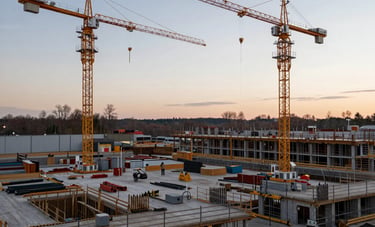 Wide shot of a clean, organized German construction site at dawn, cranes in the background against a soft light slate sky. High contrast, professional lighting.