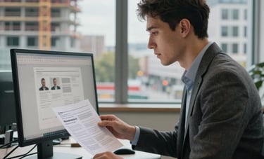 A modern office in Berlin with a window overlooking the city, a construction project manager in smart-casual attire reviewing worker applications on a monitor. Efficient and professional mood.