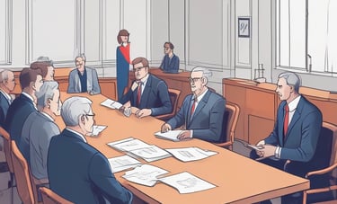 A professional attorney reviewing legal documents in a modern office setting.