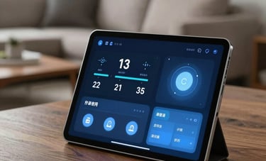 A high-quality interior shot of a contemporary North American / US living room with soft lighting. In the foreground, a sleek tablet on a wooden table displays a smart home dashboard with dark-blue and pale-blue accents, controlling lights.