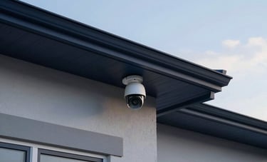 A wide-angle outdoor photograph of a modern North American / US suburban residence at dusk. A smart security camera is neatly installed under a dark-blue roof soffit. The lighting is crisp and the house facade is clean, emphasizing security and reliable technology.