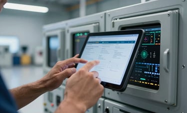 Close-up of a South American / Brazilian technician's hands using a tablet to calibrate avionics systems inside a modern hangar. The environment is professional with tech-focused lighting in light blue and gray tones.