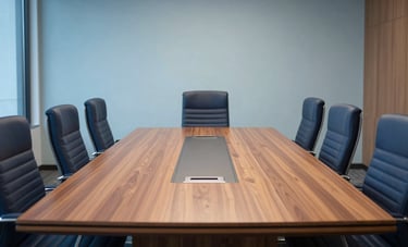 A high-end executive boardroom in North America, featuring a large wooden table and comfortable chairs. The lighting is crisp and clear, focused on professional simplicity with sky blue and navy blue elements in the decor.