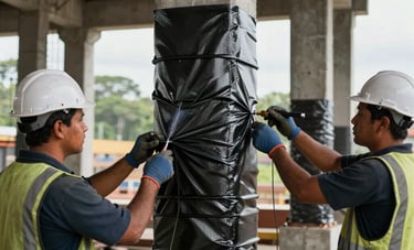 Detailed view of a structural reinforcement project in a South American / Brazilian industrial site. Workers applying carbon fiber wraps to large concrete columns. Technical, safe, and professional atmosphere, focused on engineering precision.