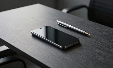 Photography of an elite modern office in London. A dark slate graphite desk with a minimalist smartphone and a high-end metal pen. Soft shadows and strong architectural lines. No people. High-trust and strategic vibe.