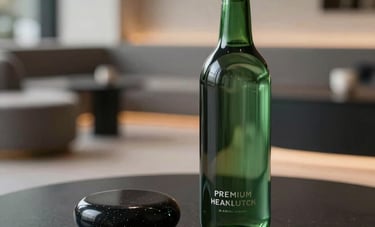 Photography of a premium health brand still life. A dark green glass bottle of mineral water next to an obsidian stone on a matte black surface. Soft focus background of a modern British wellness lounge. No people. Minimalist and luxurious.