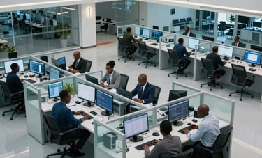 High-angle photography of a tech-enabled operations center in a modern Pan-African / Sub-Saharan Africa business district. Clean lines, glass partitions, and professionals using workstations. Cool blue and white lighting.