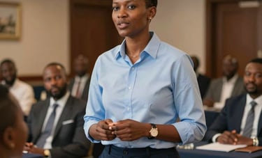 A close-up, dynamic shot of a corporate trainer standing before a group of engaged professionals in a high-end Sub-Saharan Africa / Pan-African hotel conference room. Warm, inviting lighting, using light blue and navy accents.