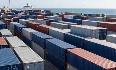 A wide-angle professional photograph of a Spanish maritime port with rows of stacked shipping containers in blue and grey. The Mediterranean sun is bright, and the composition focuses on the organized scale of international logistics.