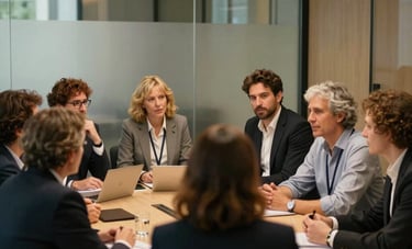 A group of professional European adults in a modern, glass-walled conference room in Barcelona, engaging in a collaborative and insightful discussion. The atmosphere is empowering and focused, with warm gold lighting accents.