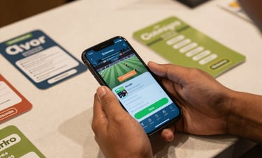 Close-up of a person's hands holding a smartphone displaying a sports betting application next to various mobile recharge vouchers on a clean shop counter in Cali, Colombia. Warm, localized lighting with steel blue and olive green tones.