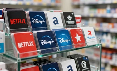 A vibrant display of digital gift cards for streaming services like Netflix and Disney+ in a clean glass showcase of a South American pharmacy. Professional photography style, bright lighting, emphasizing accessibility and modern service.