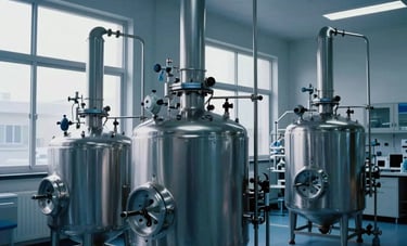 An expansive interior view of a pharmaceutical development center in North America. Modern bioreactors and stainless steel tanks are organized in a clean-room setting. Natural light flows through large windows, creating a professional and forward-thinking atmosphere with deep blue tones.