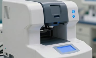 A close-up shot of an automated diagnostic analyzer in a modern US medical facility. The machine's surface is sleek and white with medium blue indicator lights. Professional surroundings, shallow depth of field, sharp focus on the technology.