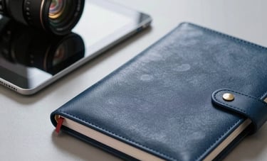 A close-up, high-detail photograph of a professional business setup on a polished light gray desk, including a sleek tablet and a navy blue leather planner, representing modern North American corporate efficiency.