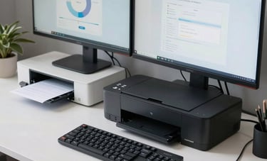 A wide shot of an organized European home office desk with dual monitors, a high-end printer, and a ergonomic keyboard. The scene has clean cable management and a palette of Wet Asphalt and Cloud White, conveying professional efficiency.