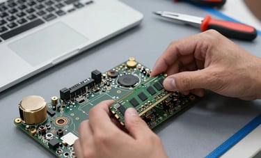 A professional photography shot of a technician's hands carefully installing a new RAM module into a laptop motherboard. A set of precision screwdrivers and a Blue Gray anti-static mat are visible. Authentic European / Portuguese workshop environment.