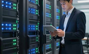 A tall server rack with blinking blue and green lights in a secure, modern data center. A professional in business attire stands nearby checking a tablet. Middle Eastern / Turkish corporate environment, sleek and clean.