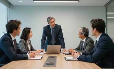 A group of Brazilian business professionals in a sleek corporate meeting room, discussing strategy with light blue and white walls, modern lighting, and a clean professional aesthetic.