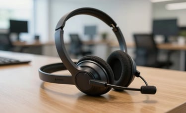 Close-up of a high-tech professional headset resting on a wooden desk in a bright, modern Brazilian call center with a soft blurred background of workstations.