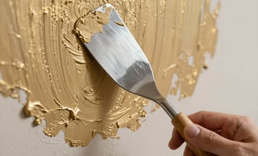 A detailed close-up of a hand using a metal spatula to apply an elegant gold-toned textured plaster to a wall in an Italian villa, artistic craftsmanship, professional tools.