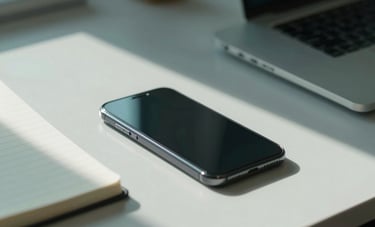 A close-up of a professional desk in a North American / US office setting. A modern smartphone and a clean notepad sit on a light gray surface, lit by soft, natural teal-toned morning light, highlighting simple efficiency.