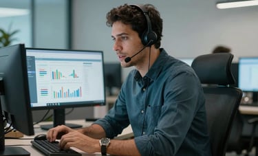 A professional Brazilian man in a modern office setup with two monitors showing data charts, focused expression while speaking on a high-quality headset, dark teal and light blue office accents.